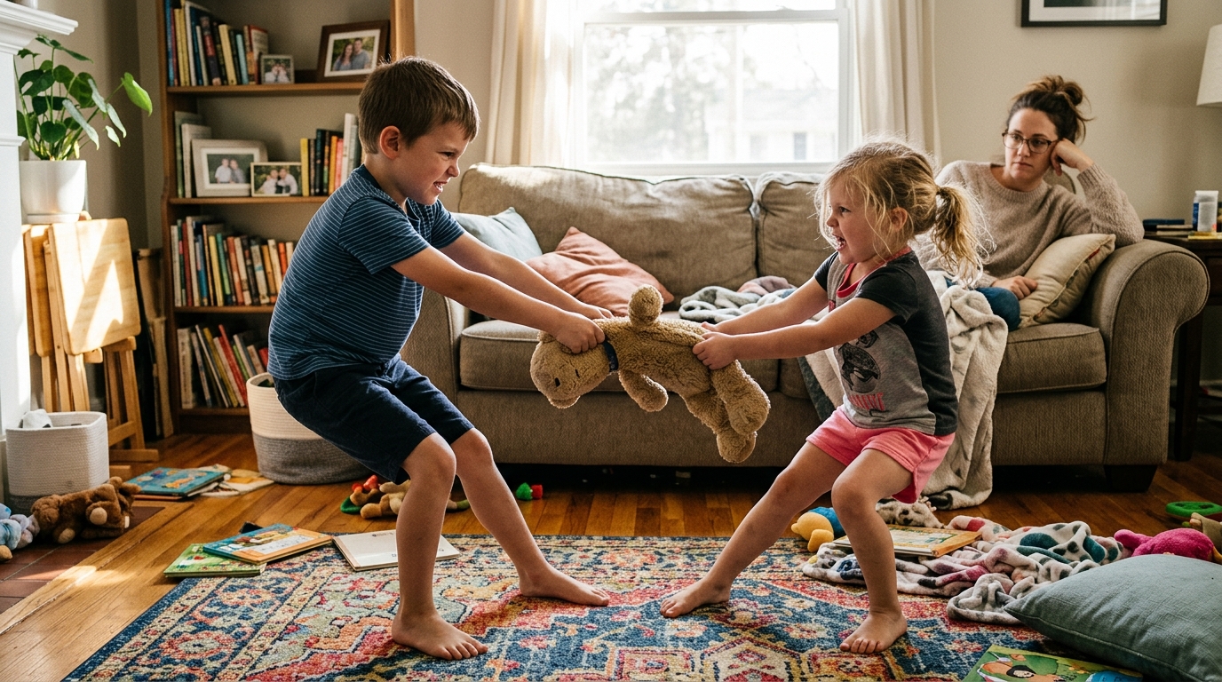 Two siblings playing tug of war over a toy in a sunlit living room with a parent watching from the sofa with a tired patient expression.