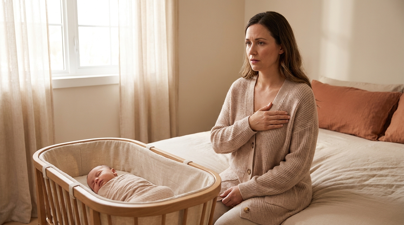 A breastfeeding mother sitting on the edge of a bed with one hand resting against her chest, baby sleeping in a bassinet beside her.