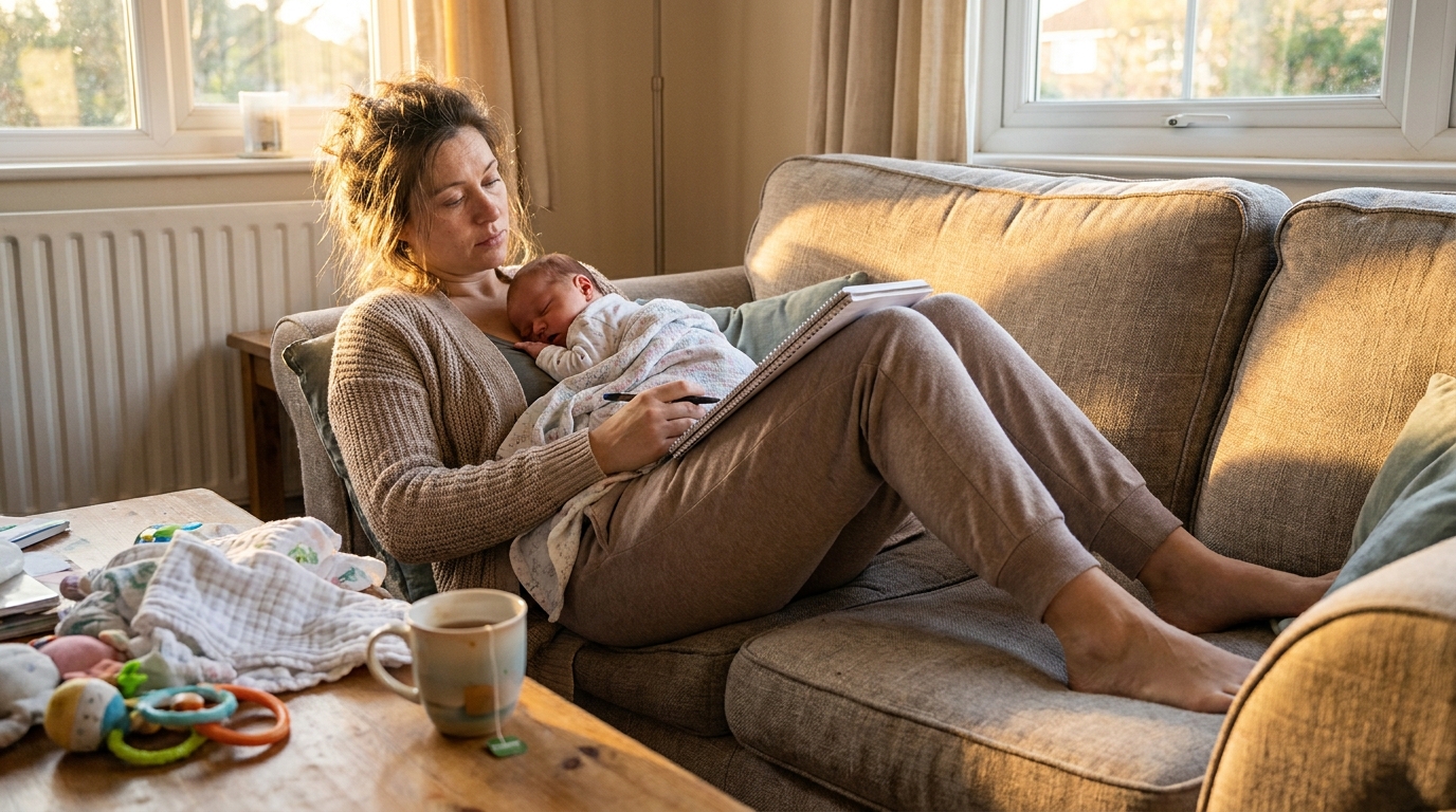 A new mother sitting on a sofa balancing a notepad on her knee with a newborn on her chest and a half-drunk cup of tea, real lived-in living room.
