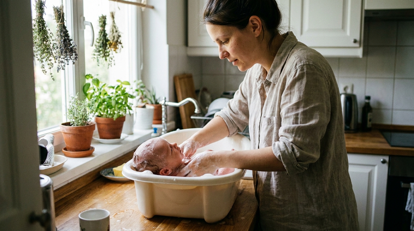 A new mother bathing her newborn in a small baby tub on a kitchen counter in soft window light, careful and tender.