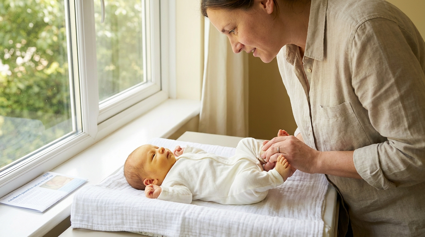 A mother gently examining her newborn on a changing table by a sunlit window, calm and tender.