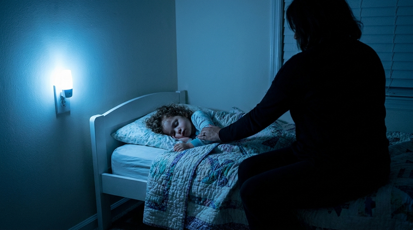 Toddler asleep in a single bed in dim blue early-morning light with a parent sitting nearby — most 4am wakings have a fixable cause.