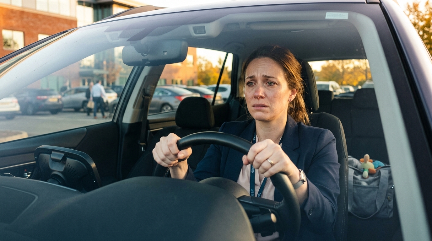 A mom sitting alone in her parked car in an office parking lot with both hands gripping the steering wheel, looking distressed but composed.