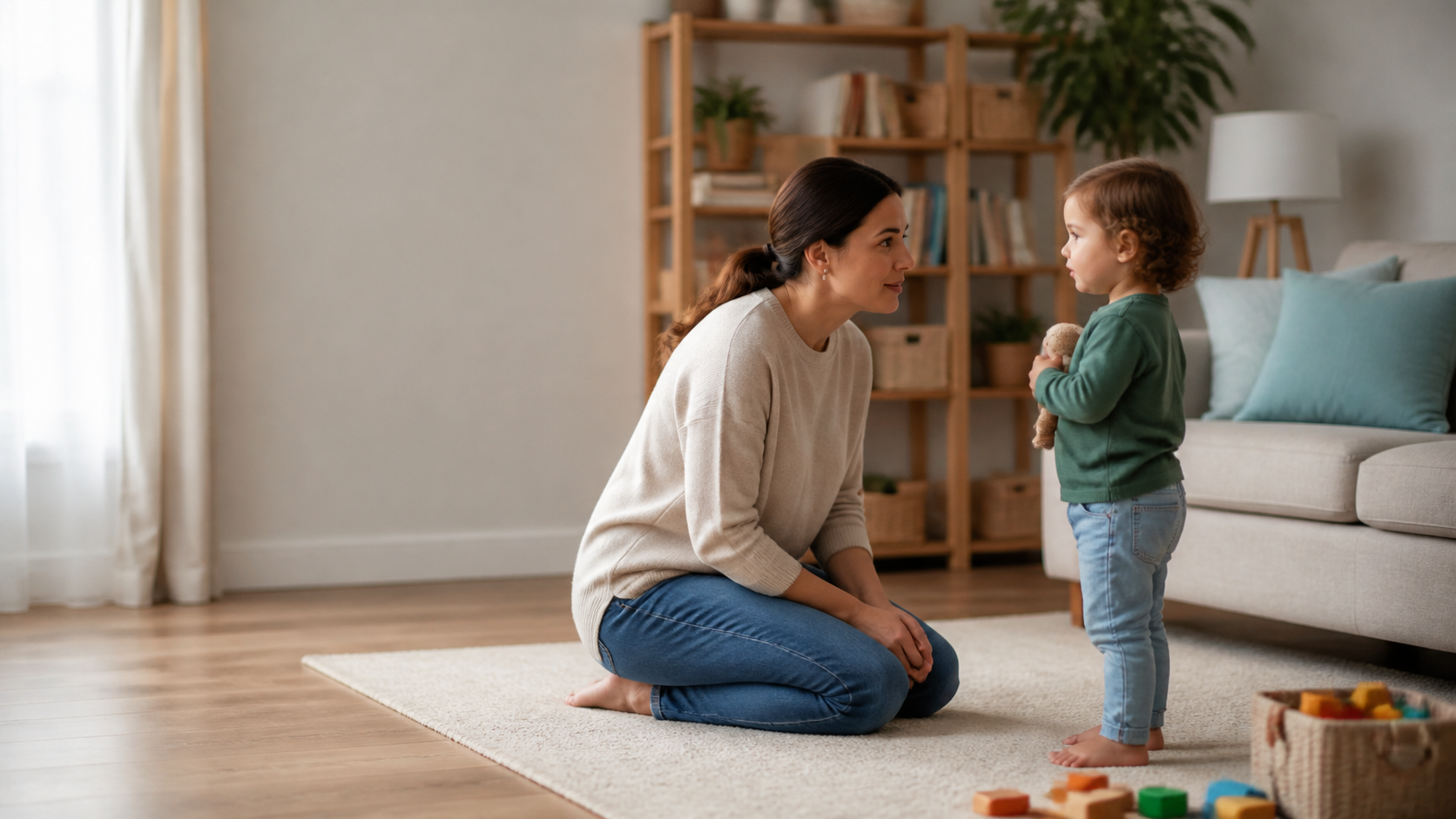 A parent kneels calmly at a toddler's level in a warm living room.