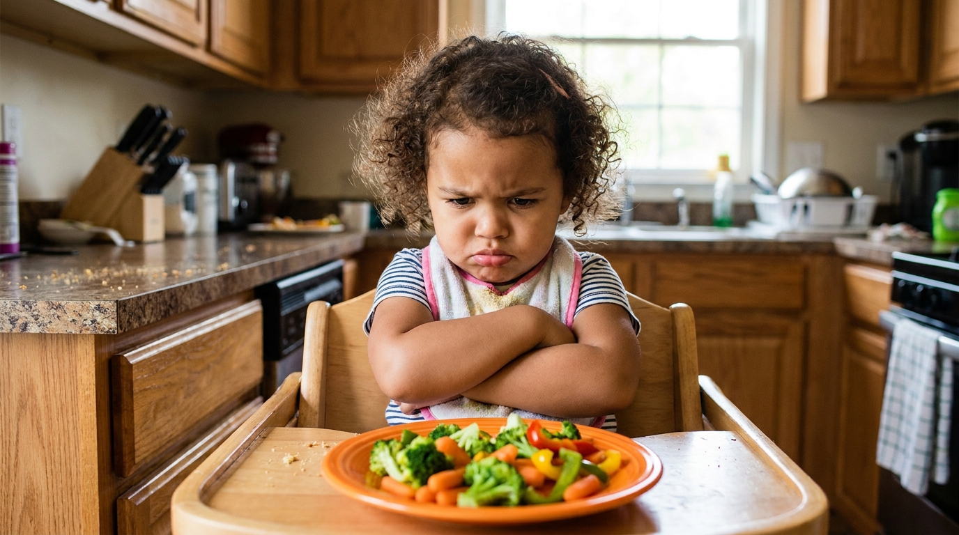 A toddler at a kitchen table with arms crossed, refusing to eat the plate of vegetables in front of her.