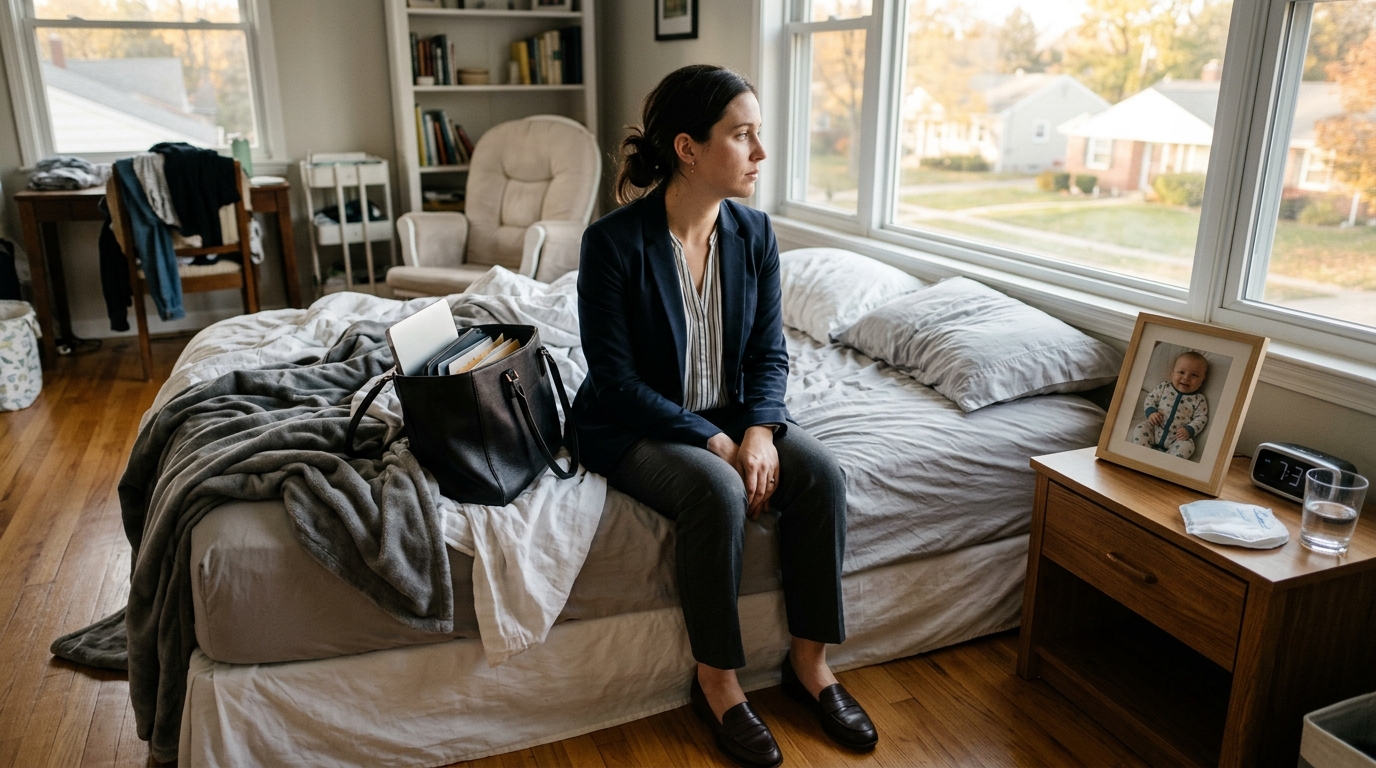 A mom in business casual sitting on the edge of an unmade bed with her work bag, looking out the window quietly, photo of her baby on the bedside table.