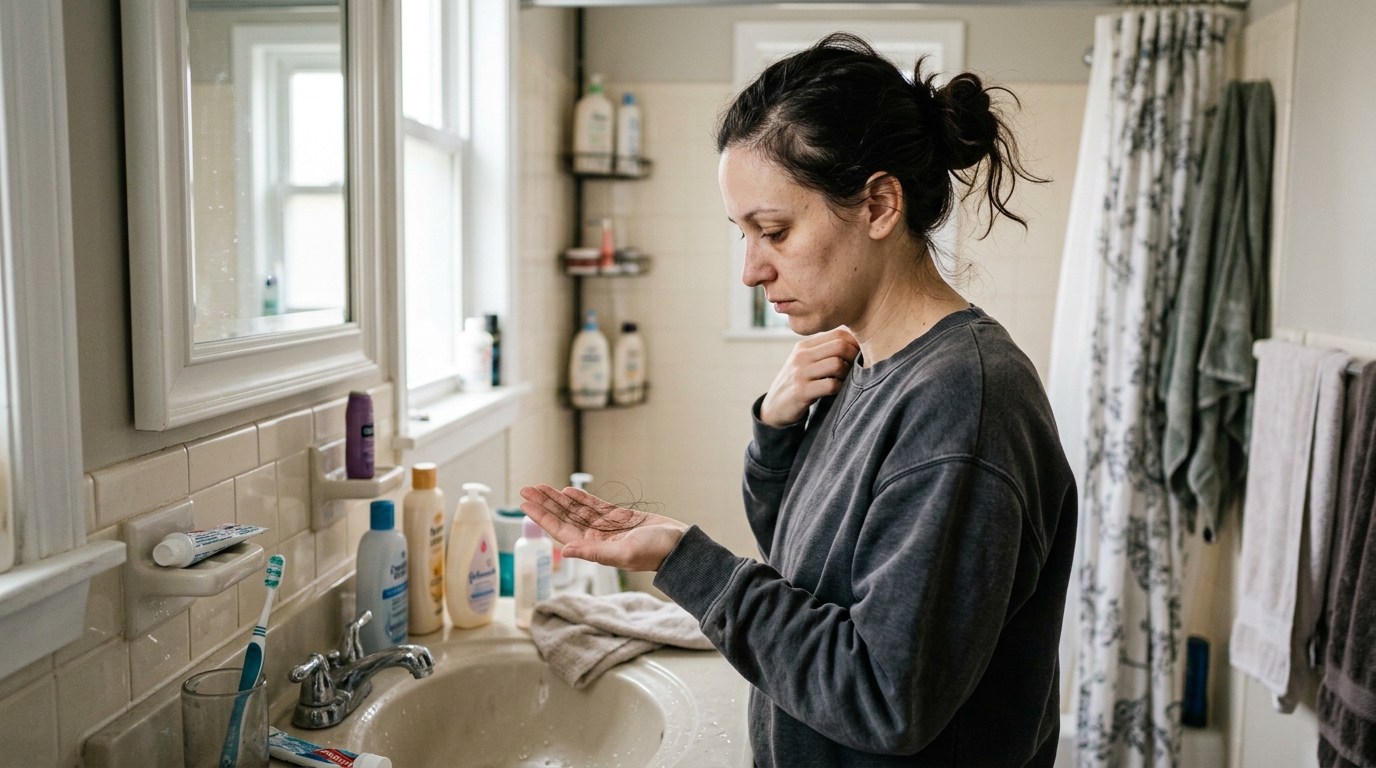 A new mom in her 30s standing at a bathroom sink looking at strands of hair in her hand, soft morning light through a window.