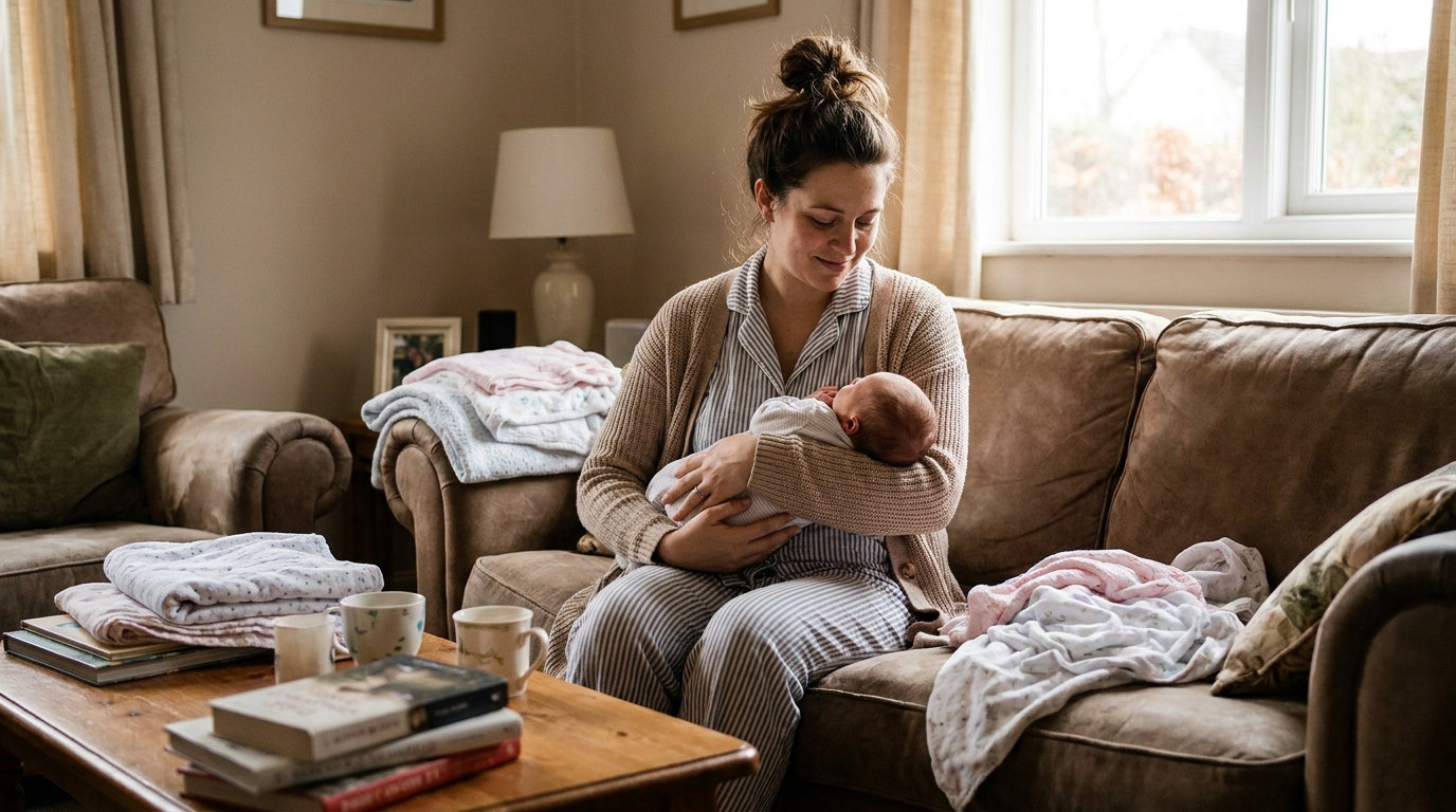 A new mother in soft morning light holding her newborn on the sofa, tired and tender, real lived-in living room.