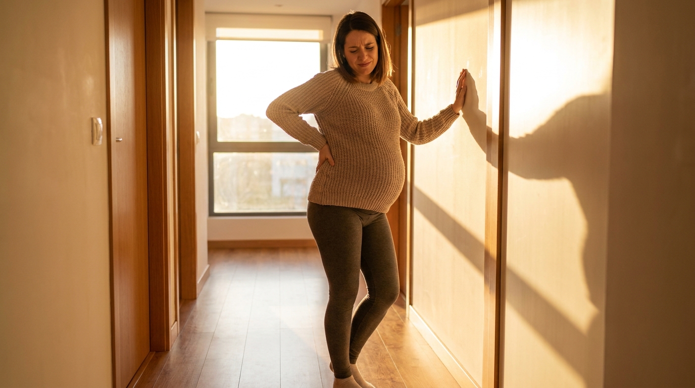 A pregnant woman in her third trimester in a sunlit hallway with one hand pressed against her lower back, slight grimace.
