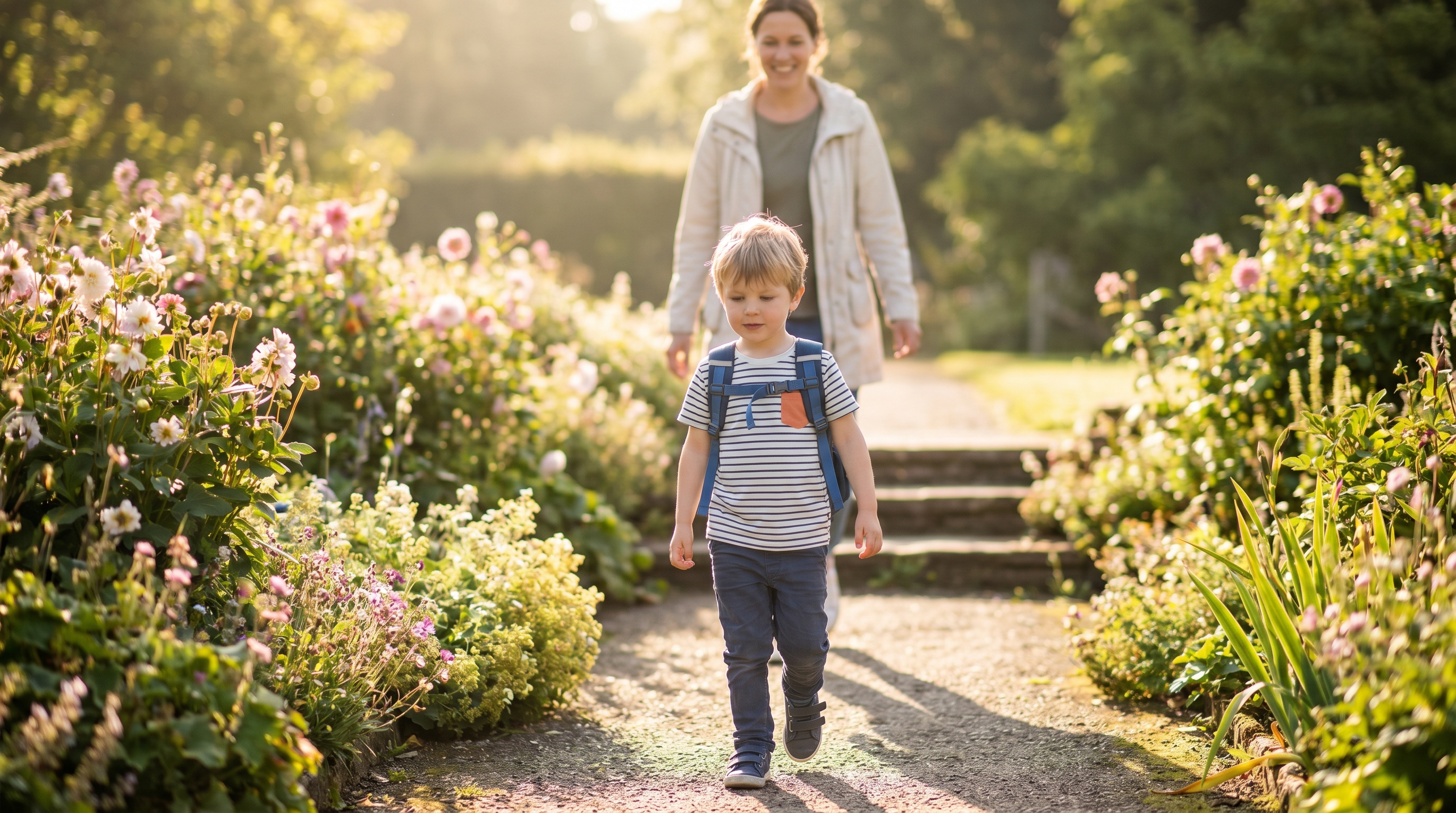 A 4-year-old child walking down a sunlit garden path carrying a small school backpack, a parent slightly out of focus behind.