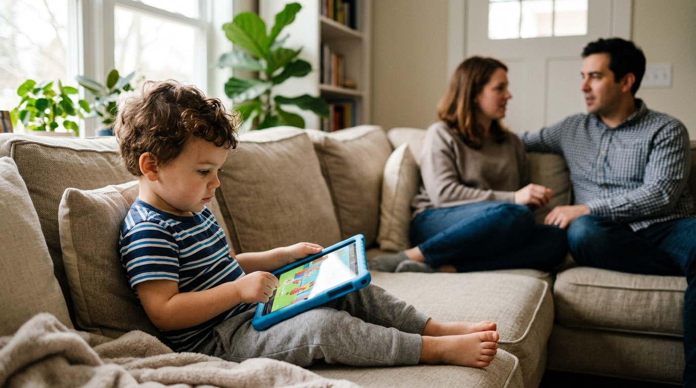 A toddler around 2 years old sitting on a sofa watching a tablet with parents talking quietly in the background, soft natural daylight.