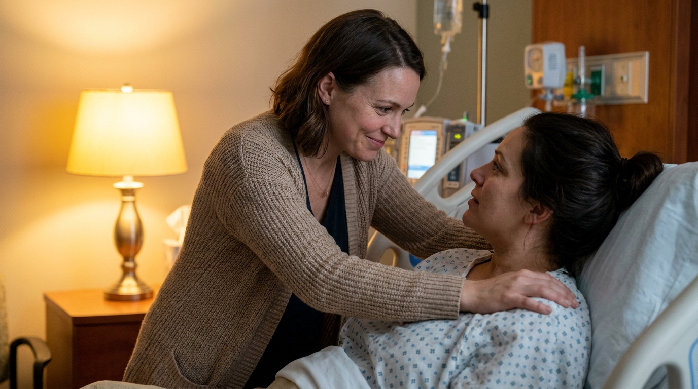 A doula leaning over a laboring woman with both hands on her shoulders making eye contact, intimate warm hospital room light.