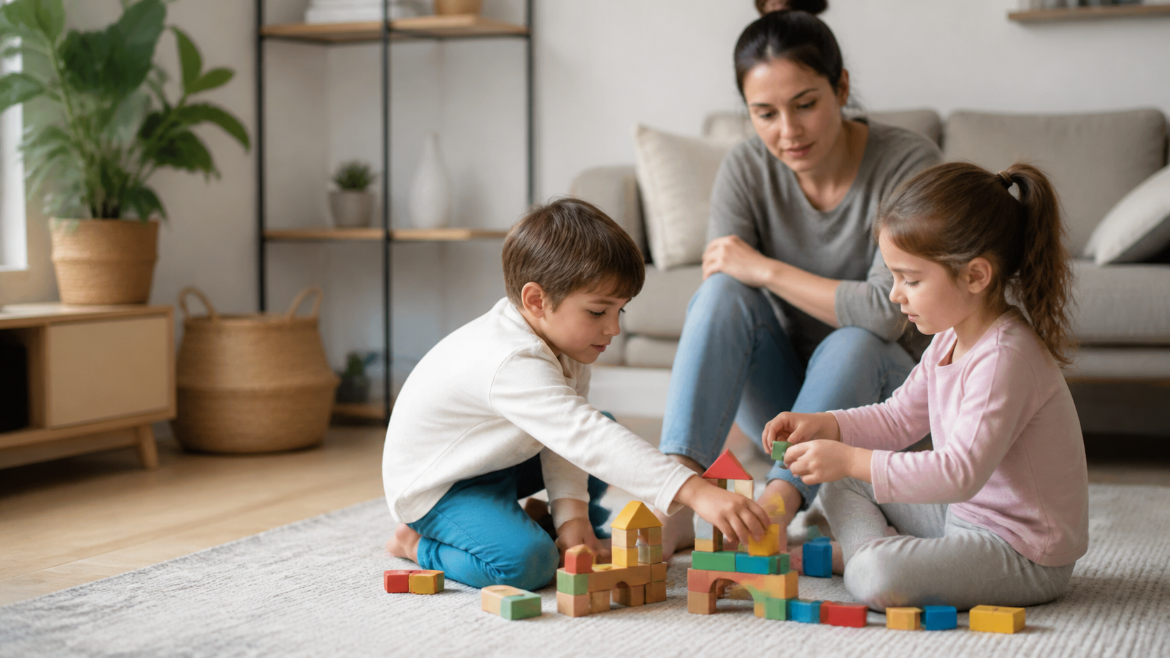 Two young siblings build with blocks while a parent stays nearby.