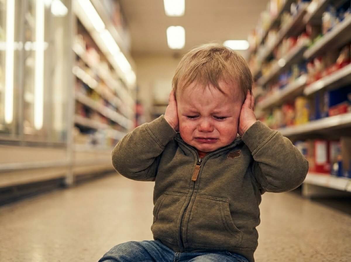 A small toddler in a supermarket aisle with hands pressed over their ears, eyes scrunched closed in overwhelm.