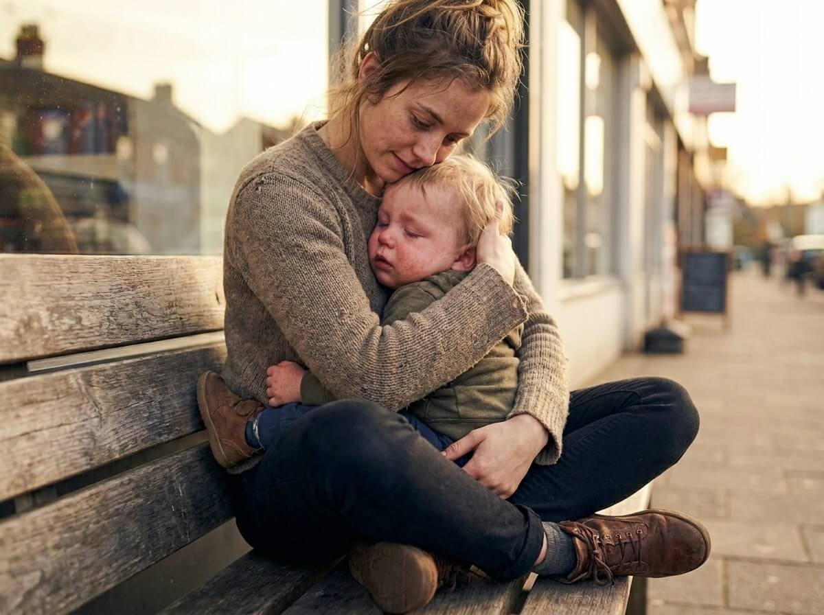 A mother holding her exhausted toddler on a bench outside a shop after a public meltdown.