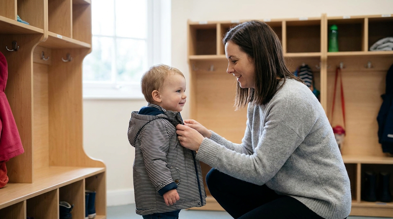 A parent kneeling at child height in a nursery cloakroom helping with a coat, both calm in soft daylight.