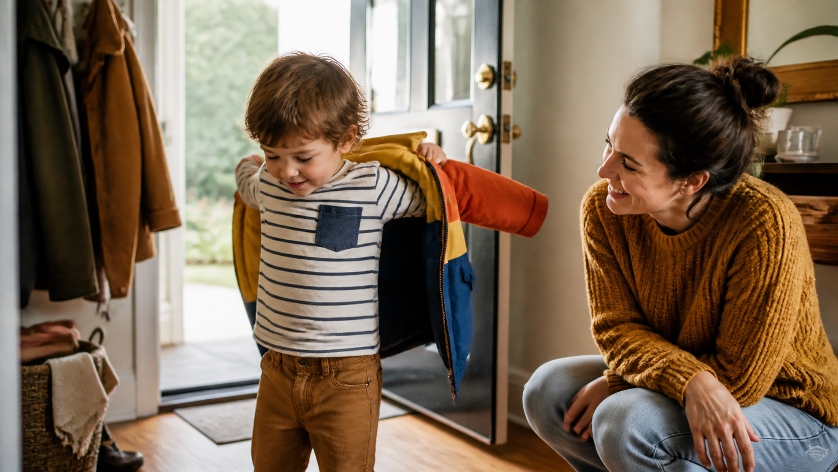 A toddler proudly putting on their coat by the front door.