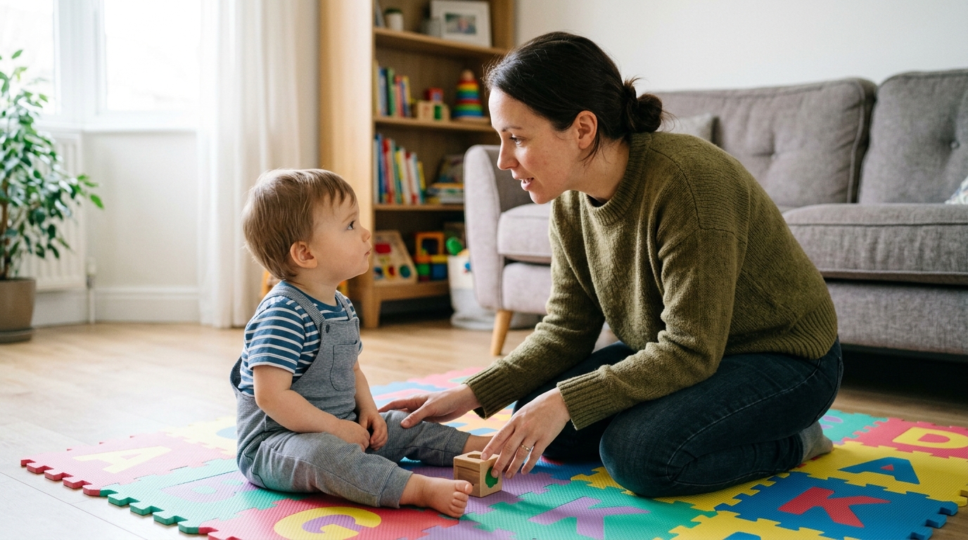 A toddler around 18 to 24 months sitting on a play mat looking up calmly at a parent who is kneeling close and gently talking to her.