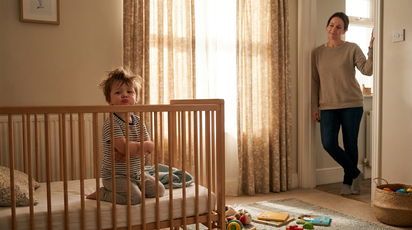 A toddler with wild hair sitting in a cot looking grumpy at midday, a parent standing in the doorway with a knowing smile.