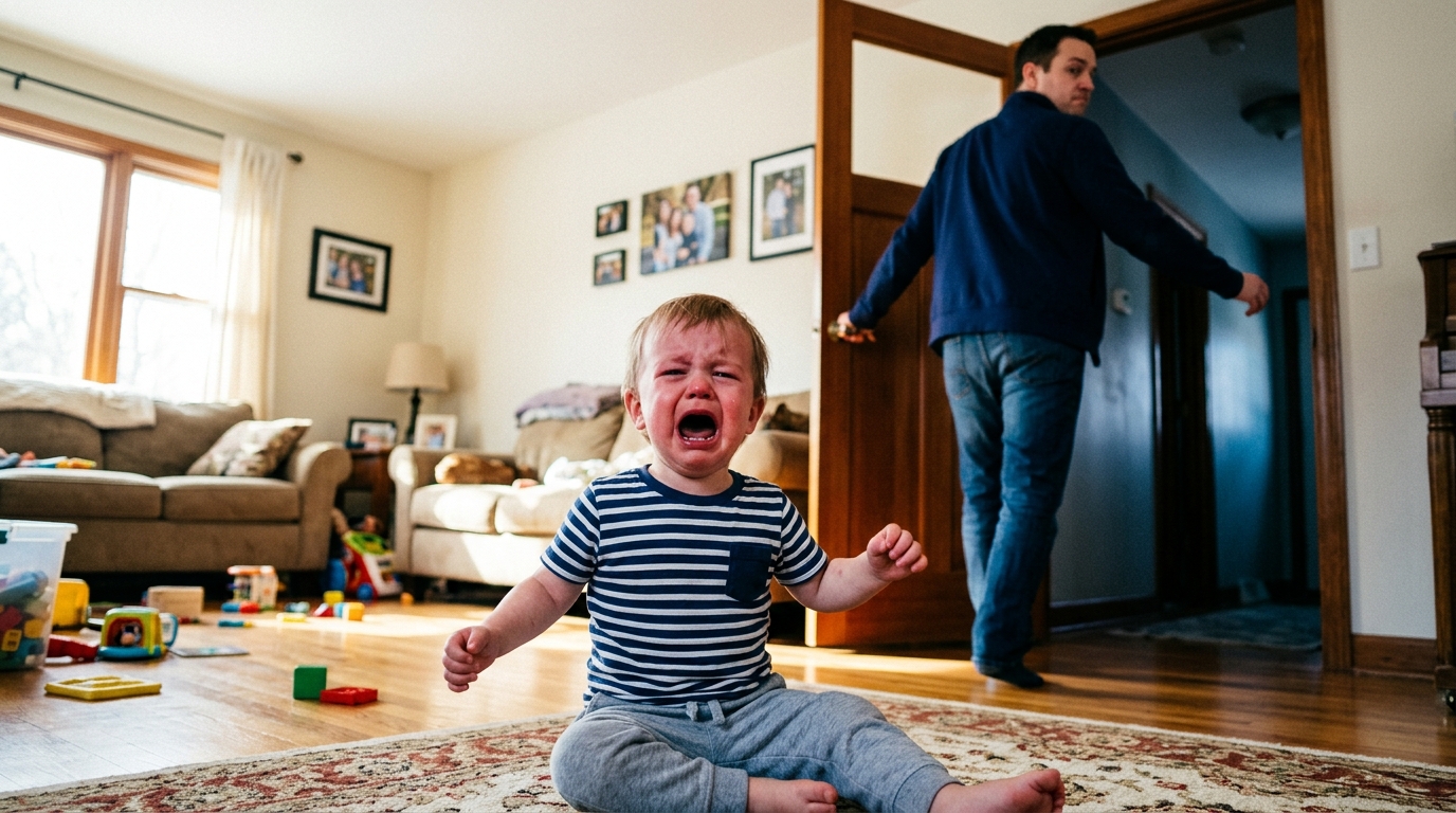 A frustrated toddler crying loudly in a sunlit room while a parent steps out the door, dim hallway light visible beyond.