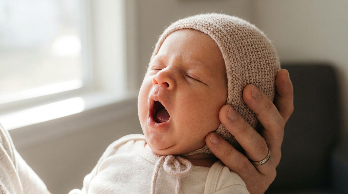 A close-up of a newborn baby yawning with a wide-open mouth in soft window light, a parent's hand gently cradling the head.