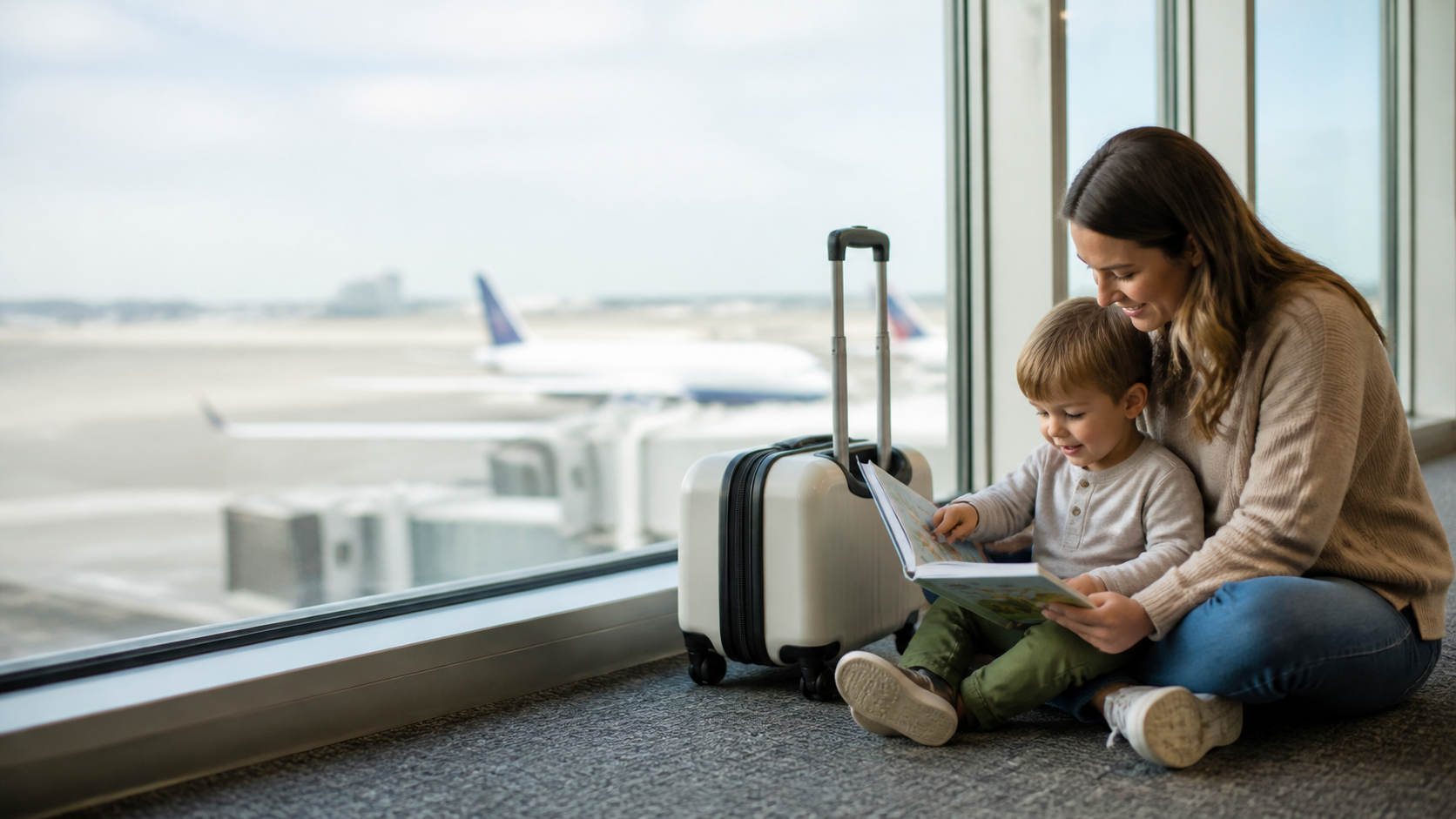 A parent and toddler travelling together with a small suitcase.