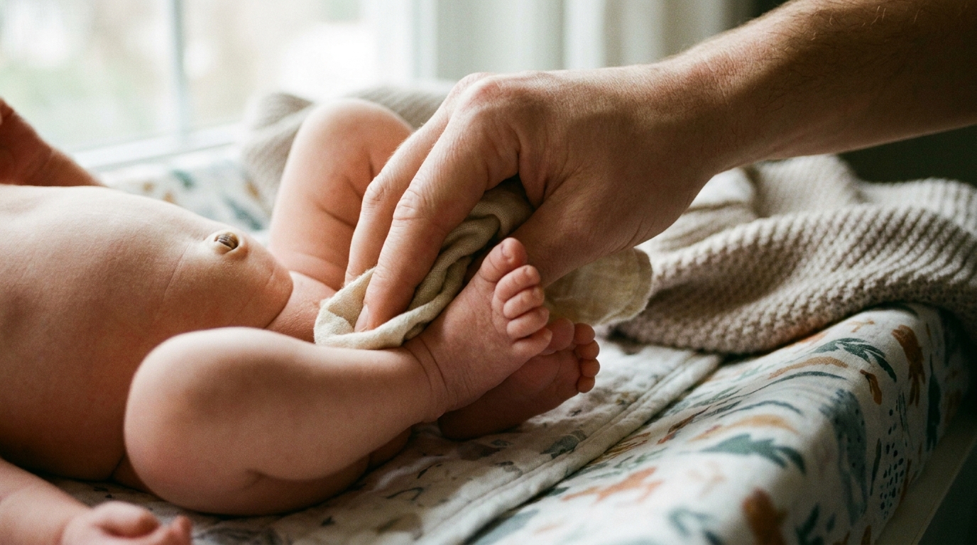 A close-up of tiny baby toes and a parent's hand gently caring for the belly button area on a changing mat in soft natural daylight.