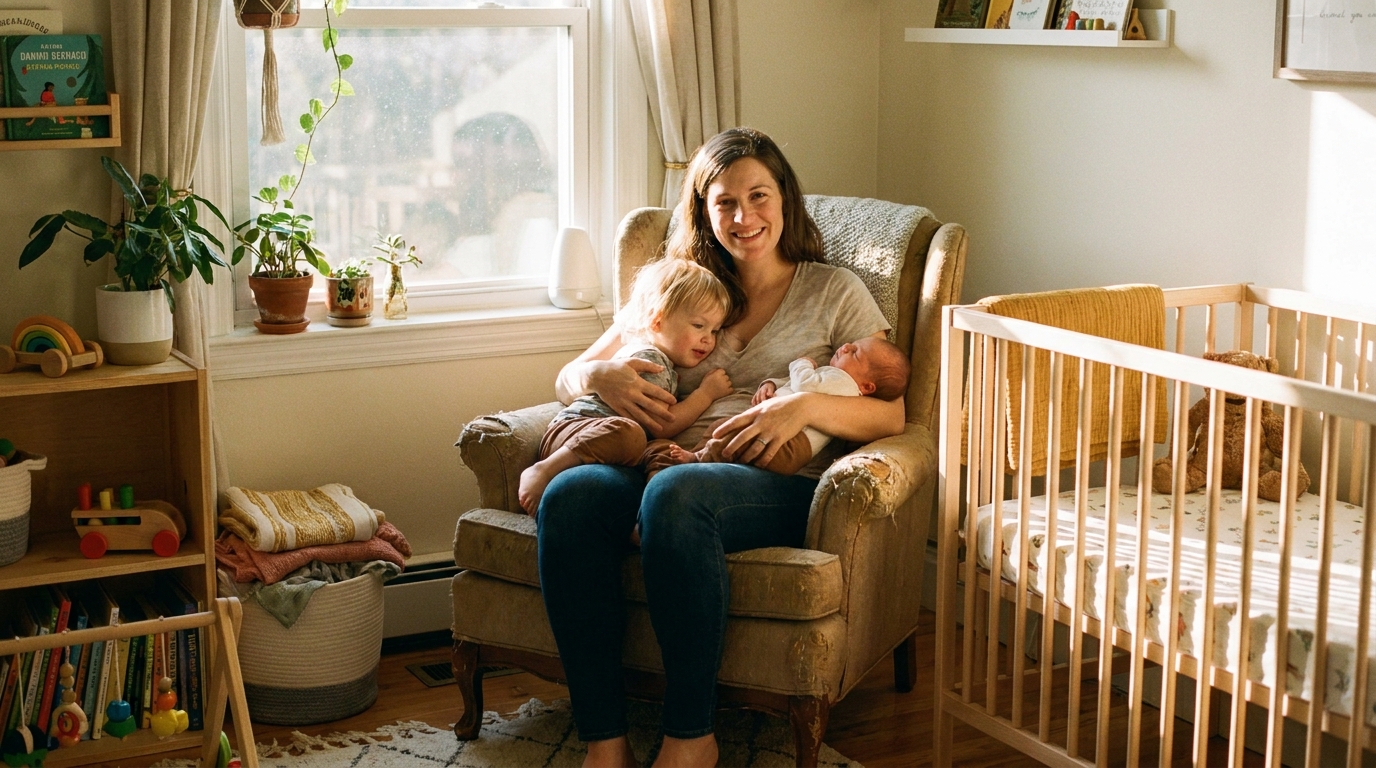 A mother holding her toddler and her newborn in a sunlit nursery, both children together, peaceful.