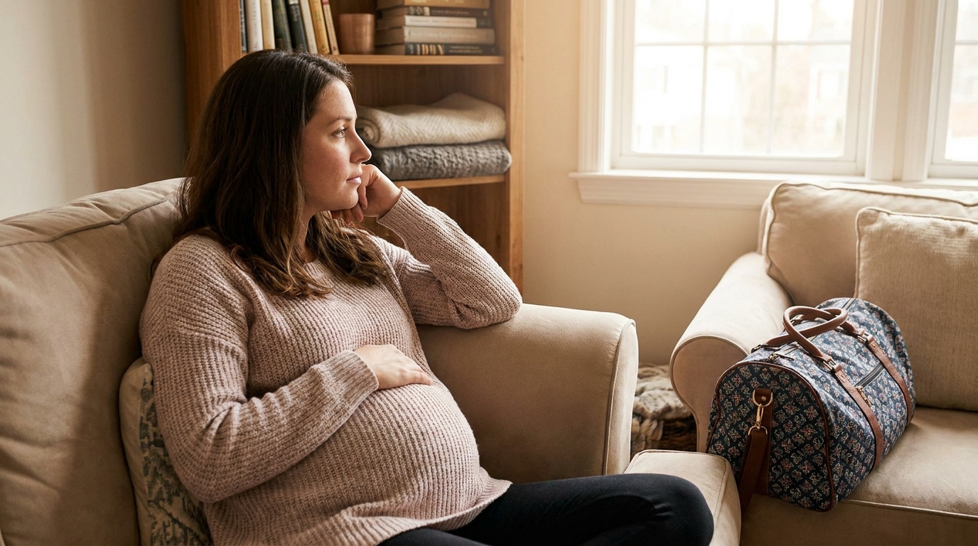 A pregnant woman in her third trimester at home resting one hand on her bump with a small overnight bag in the corner, soft daylight.