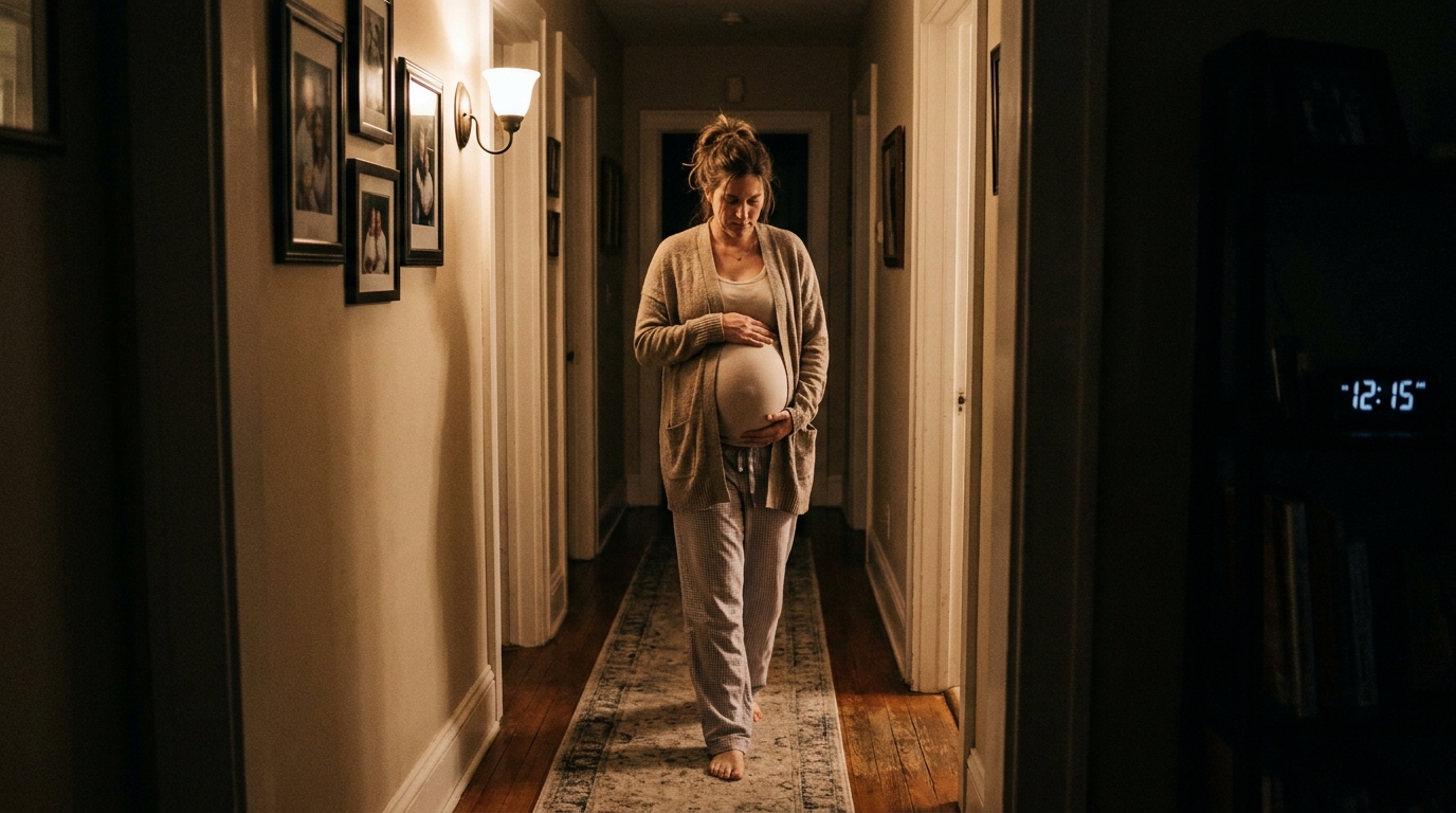 A pregnant woman in her third trimester pacing slowly in a softly lit hallway at home with one hand low on her bump in the middle of the night.