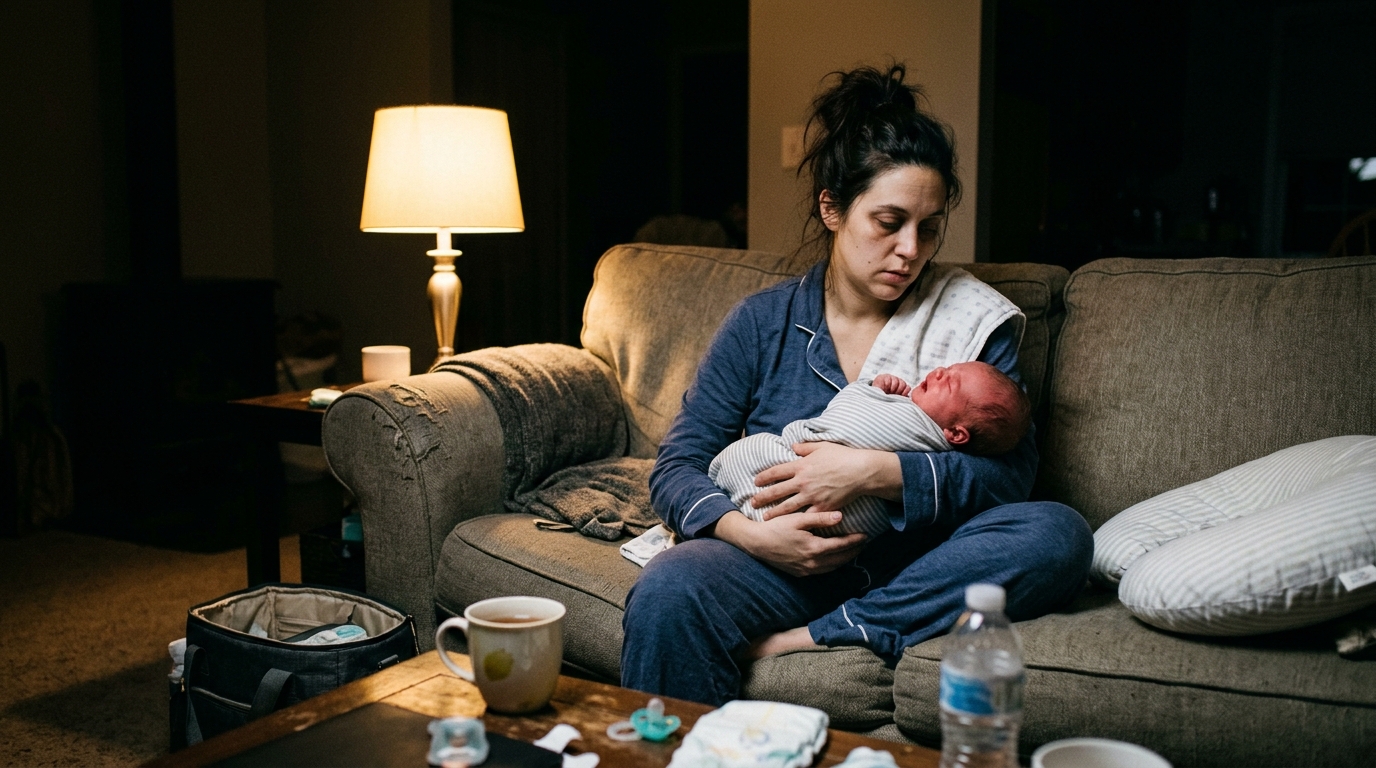 A first-time mom in her 30s sitting on her sofa in disheveled pajamas in the middle of the night holding a crying newborn, dim warm lamp light.