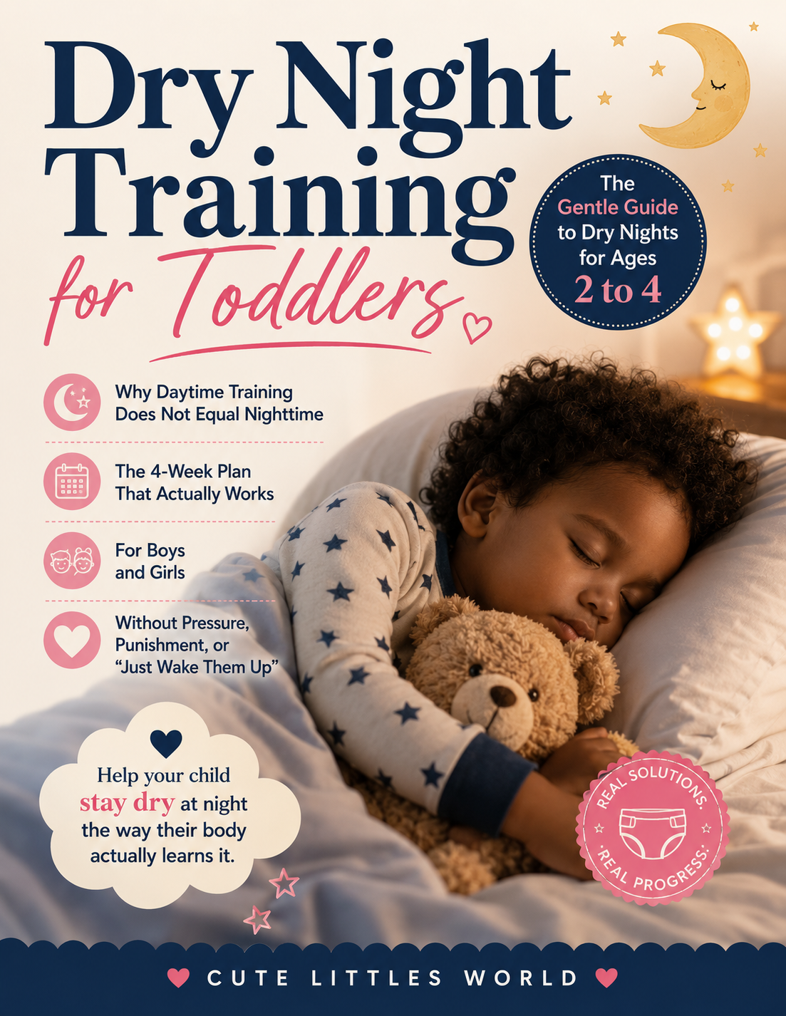 Dry Night Training for Toddlers. The gentle step-by-step guide. A modern editorial book cover in deep navy and warm cream tones.