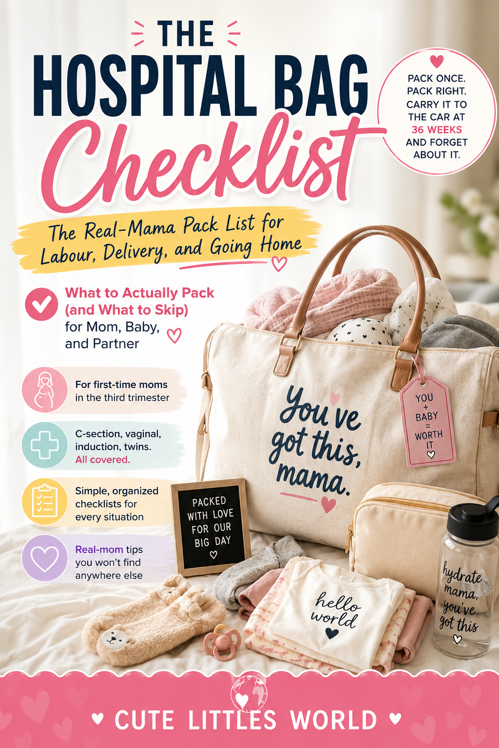 The Hospital Bag Checklist. The real-mama pack list for labour, delivery, and going home. A modern editorial book cover in warm sunny gold and deep navy tones.
