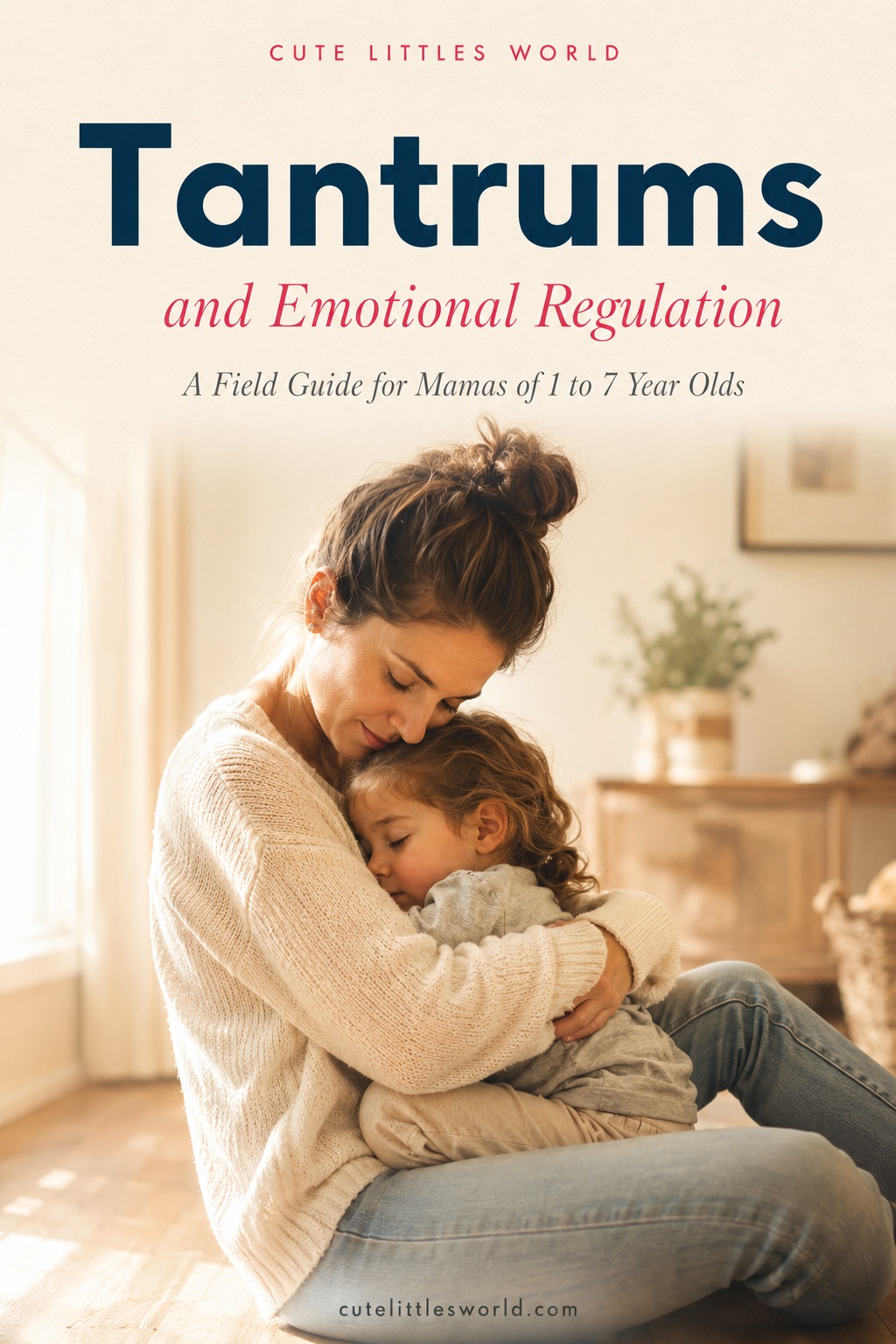 Tantrums and Emotional Regulation — a warm book cover showing a mother holding her toddler peacefully in a cozy living room.